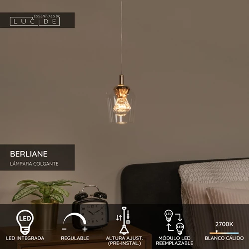 Lucide BERLIANE - Lámpara colgante - Ø 12 cm - LED Regul. - 1x4W 2700K - Con módulo LED reemplazable - Transparente | Essential - USP